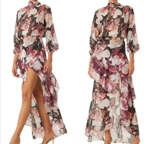 MISA Set Franka Ruffle Asymmetrical Slit Skirt + Top in Flora Tropical Mix XS - Picture 1 of 14